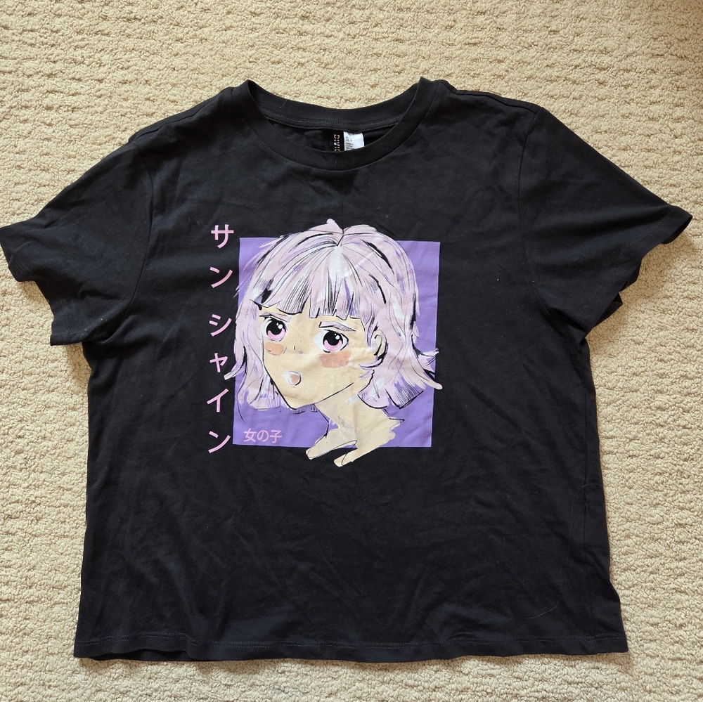 H&M Black and Purple Anime Graphic Tee